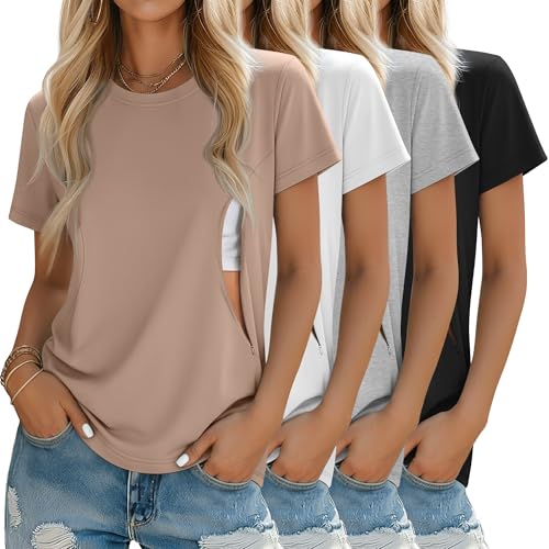 Image of Oakgarden 4 Pack Women's Nursing Breastfeeding Shirts with Zipper Loose Fit Short Sleeve Maternity Top Nursing Clothes