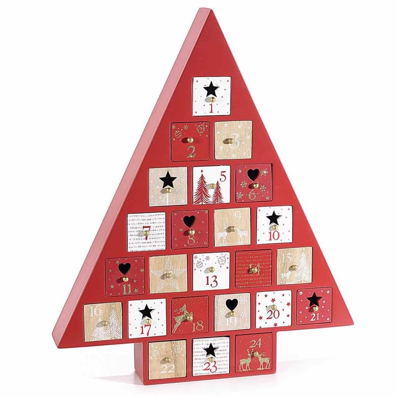 Gruppo Maruccia - Calendario dell’Avvento Natalizio - In Legno a Forma di Albero - Con 24 Cassettini Numerati Decorati - Da Appendere o Da Appoggiare - Per Regali Fai da Te e Decorazioni di Natale