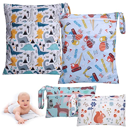 Hejo 4 Piezas Bolsa Merienda Infantil , Bolsa de Pañales de Tela Seca y Húmeda para Bebé de 2 Tamaños, Organizador de Pañales o Ropa Guardería y Colegio para Viaje, Playa, Piscina, Deporte