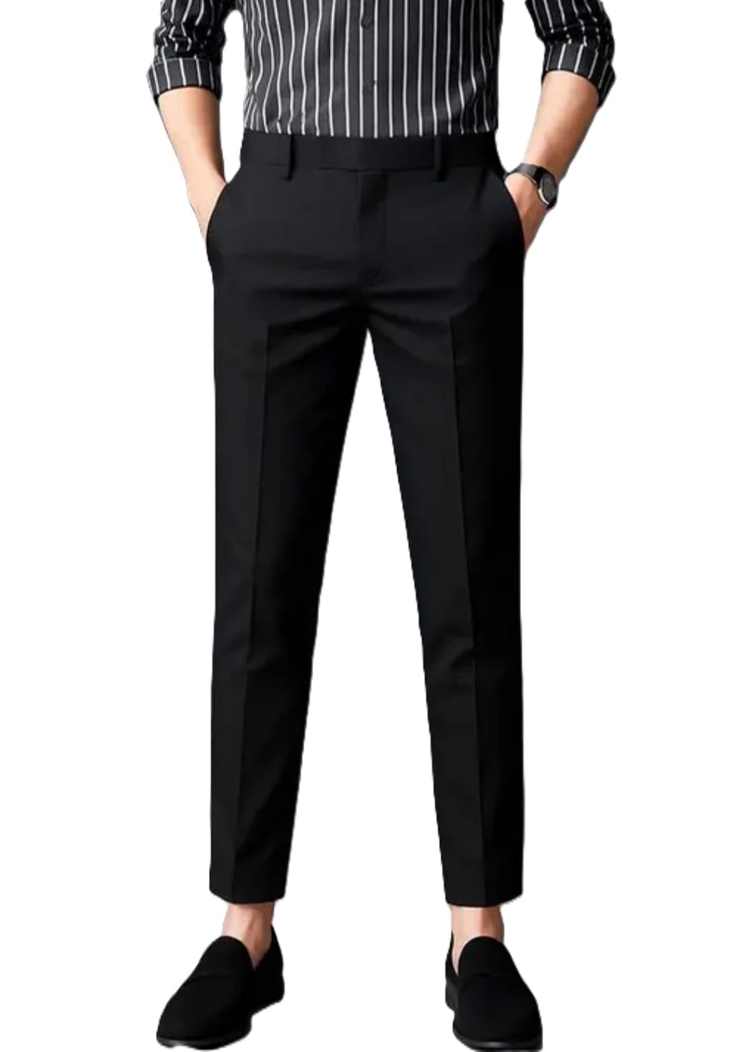 Men's Formal Dress Pants, Black, Slim Fit, Flat Front Trousers with Pockets