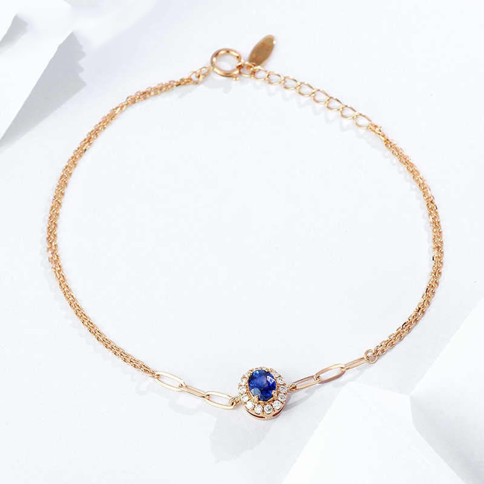 Pulseras de oro rosa para mujer, pulsera de promesa de zafiro azul de 0,4 quilates, cadena ovalada de doble capa con diamantes