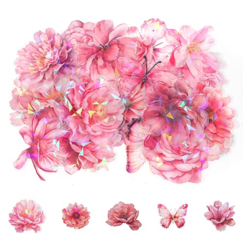 60 Pack Pink Holographic Glitter Butterfly Sticker Set Glitter Shiny Flower Stickers Large Size Flower Stickers Waterproof Decorative Decal for Scrapbooking Journal Planner Bottle Laptop Art Crafts