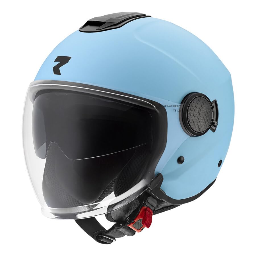 Casco Moto Jet Metro Celeste Opaco con Visierino Solare – Omologazione ECE 22.06, Calotta in Policarbonato, Ventilazione Doppia, Interni Lavabili
