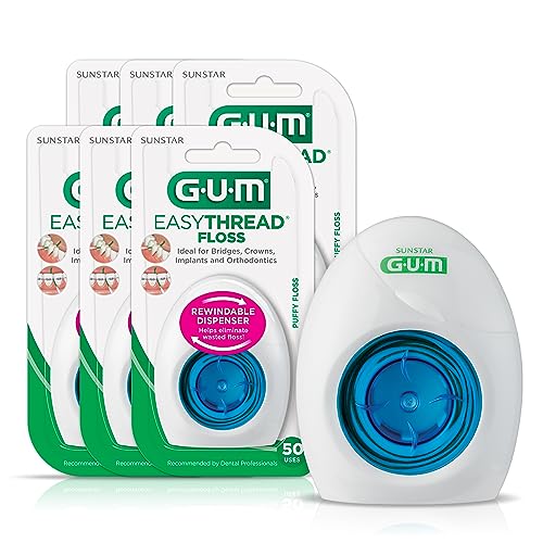 GUM EasyThread Threader Floss - Expanding Dental Floss for Braces, Bridges, and Implants - Built in Rigid Floss Threaders (6pk)