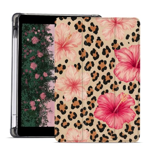 AdorableWhimsy Leopard Print Case for iPad mini 7 (A17 Pro) 2024 / iPad mini 6 2021 8.3 Inch Aesthetic Hibiscus Protective Cover Trifold Stand Pink Leather Soft Back with Pencil Holder