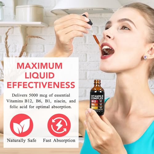Vitamin B Komplex Tropfen Flüssig, 60ml Vitamin B Komplex Hochdosiert Tropfen mit 5 B-Vitaminen B1, B3 Niacin, B6, B9 Folsäure, B12, Vegan, Natürlichem Himbeergeschmack