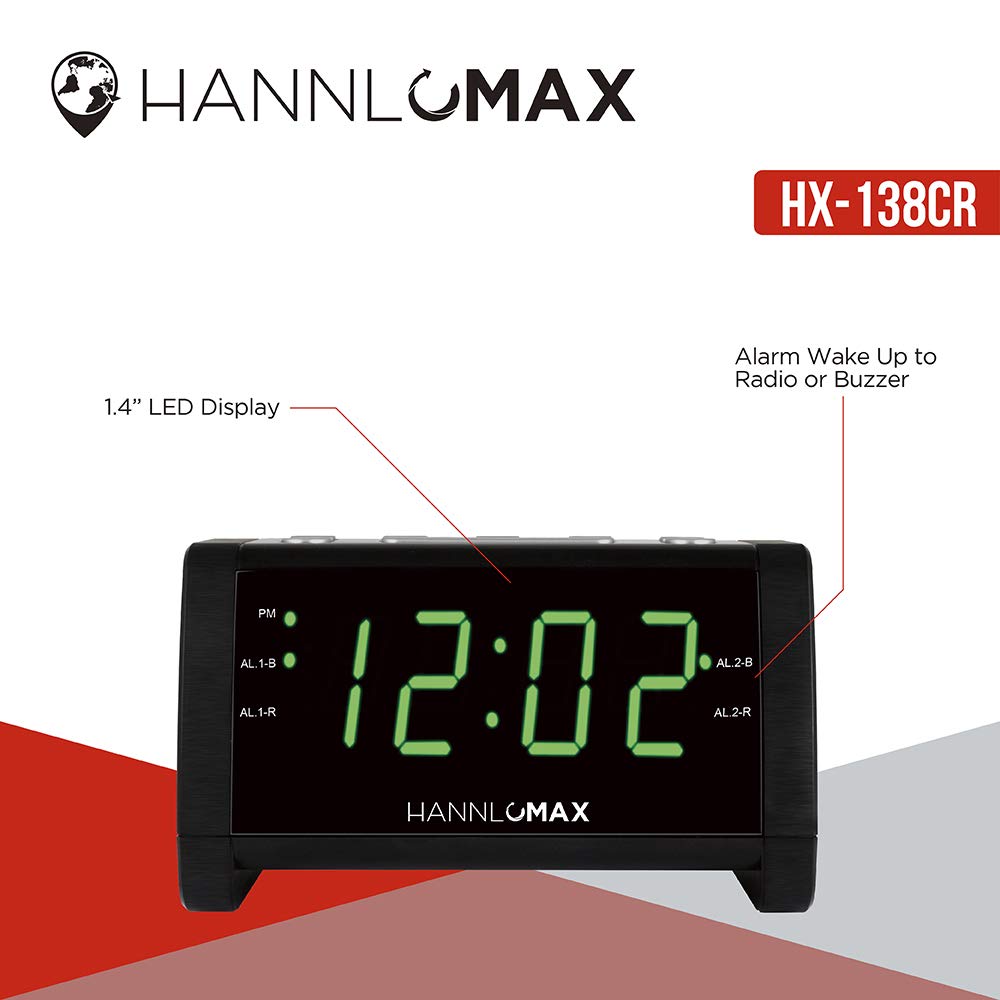 HANNLOMAX HX-138CR - Radiosveglia PLL AM/FM con stazioni preimpostate, display a LED verde da 1,4", doppio allarme, solo funzionamento CA. (nero)