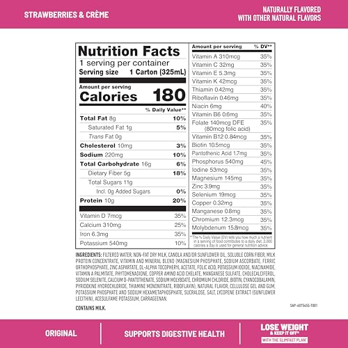 Image of SlimFast Meal Replacement Shake, Original Strawberries & Creme, No Added Sugar, Meal Replacement Shakes, 10g Ready to Drink Protein, 5g Fiber, 25 Vitamins and Minerals, 11 Fl. Oz, 12 Count