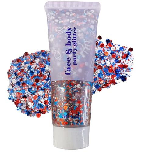 Patriotic Bâton de paillettes pour le corps rouge blanc et bleu, 4ème accessoires de juillet, paillettes pour visage étincelant pour quatre tenues de...