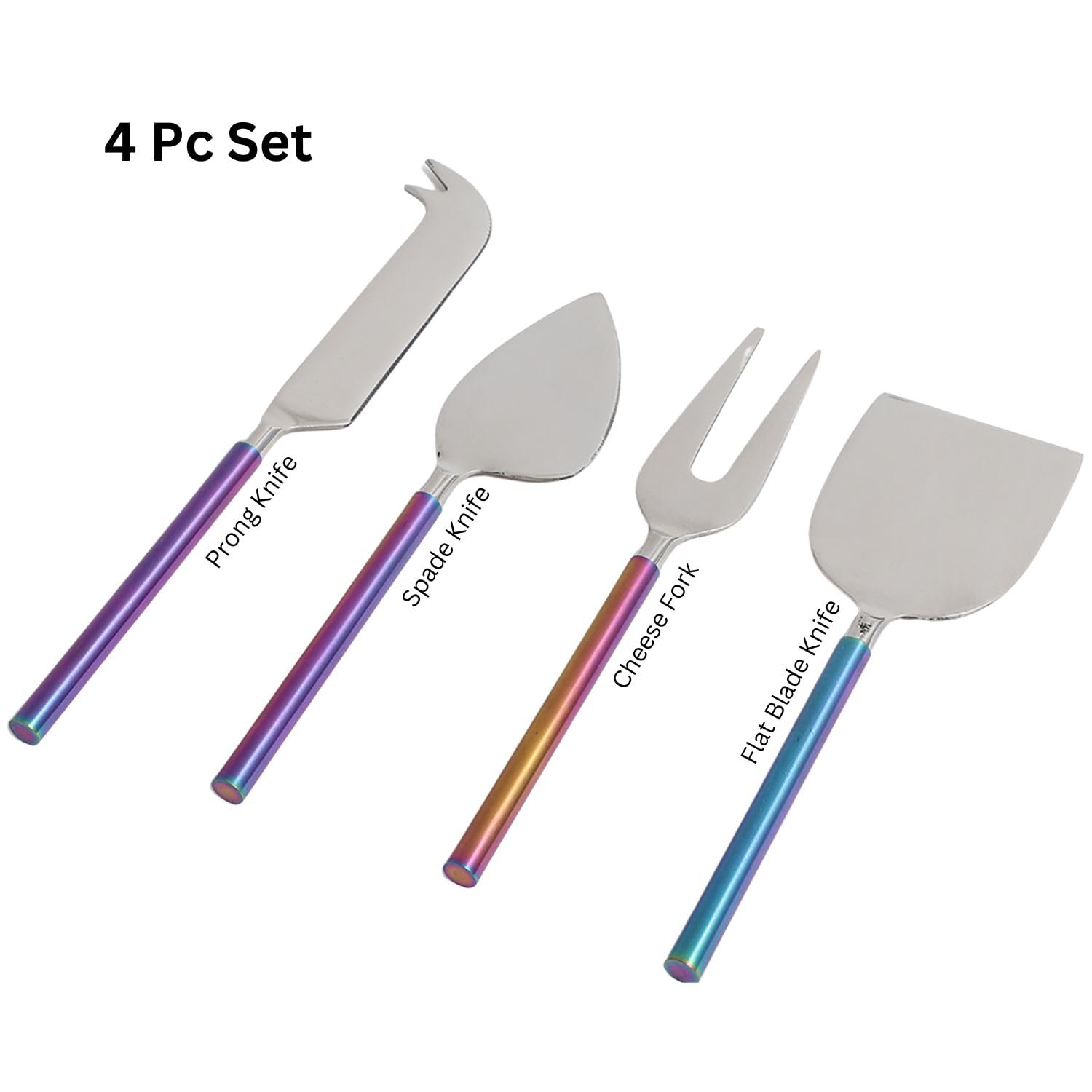VarEesha ColorSplash Rainbow Handles Steel Glossy Steel Heads Stainless Steel Cheese Knives Set | Set of 4 Pieces Cheese Knives, Stainless Steel Cheese Spreader,Slicer,Prongs,Fork 1