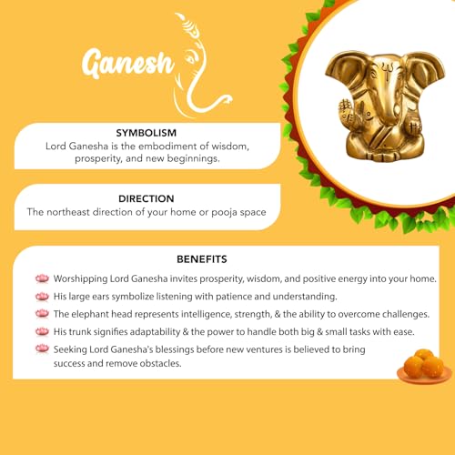 Image of Ekhasa 100% Pure Brass Ganesha Idol (Size: 4 cm) | Pital Ganesh Murti for Pooja Room, Home Decor, Office Desk and Car Dashboard | Vinayagar Statue for Diwali Puja