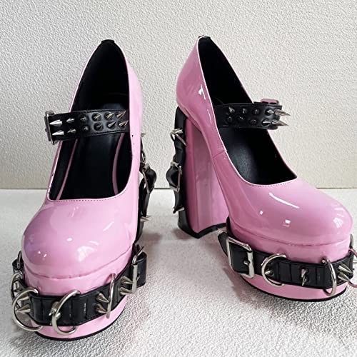 Frankie Hsu Women's Gothic Loli Large Big Size Pink Black Patent Leather Buckle Belt Ring Rivet Shinny Sexy Platform Chunky High Heels Ankle Strap Heeled Bootie Shoes3