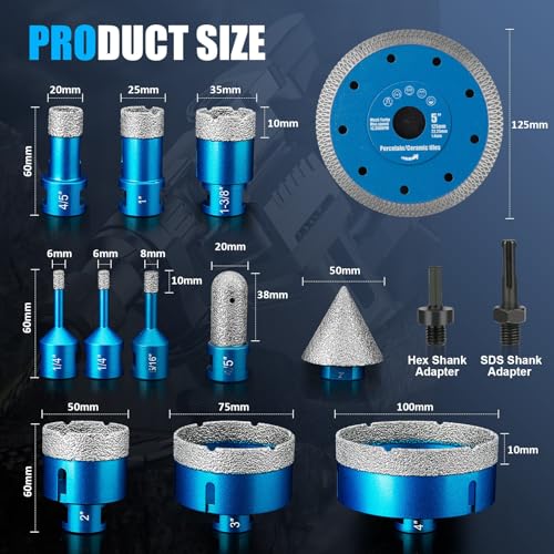 Image of Diamond Tile Hole Saw Kit - 14 PCS Set Including 6 /6 /8 /20 /25 /35 /50 /75 /100mm Drill Bits, 20mm Finger Bit, 50mm Beveling Chamfer Bit, and 5 inch Diamond Blades for Tile, Ceramic, Porcelain, and Marble