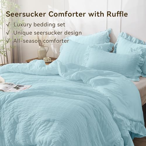 JOLLYVOGUE Light Blue Queen Comforter Set, 3 Pieces Seersucker Comforters Queen Size, Lightweight & Fluffy Bedding Sets for All Season with 1 Ruffle Comforter & 2 Ruffle Pillowshams