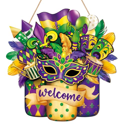 Wooden Mardi Gras Wreath for Front Door Sign Mason Jar Carnival Welcome Door Decoration New Orleans Hanging Crafts for Wall Home Farmhouse Outdoor Indoor Holiday Party Decor Masquerade Hanger