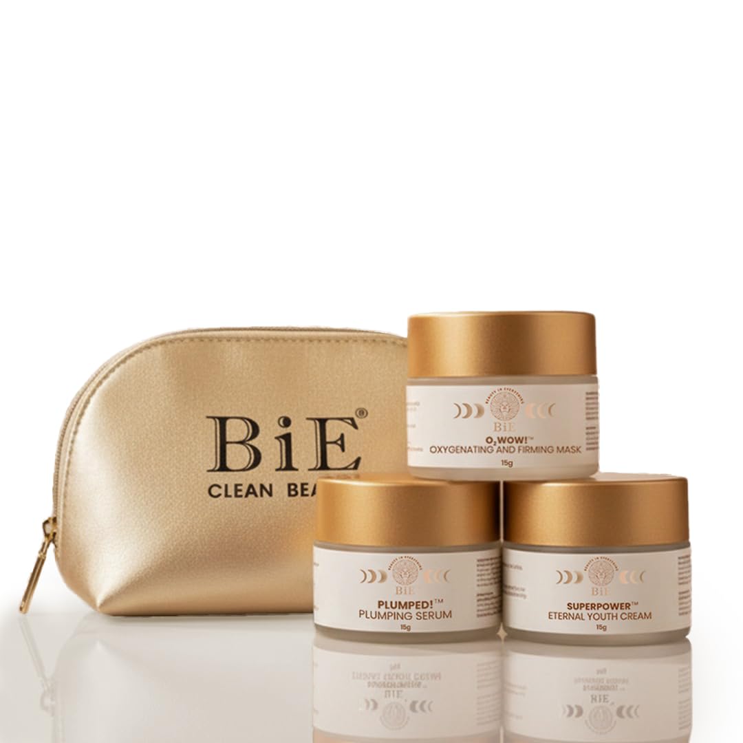 BiE Daily Glow Trial Kit | Travel Size Skincare Combo Set | Face Mask, Serum , Moisturiser & Travelling Pouch | Instantly Detans, Hydrates, Boosts Collagen & Strengthens Skin Barrier | 4pcs