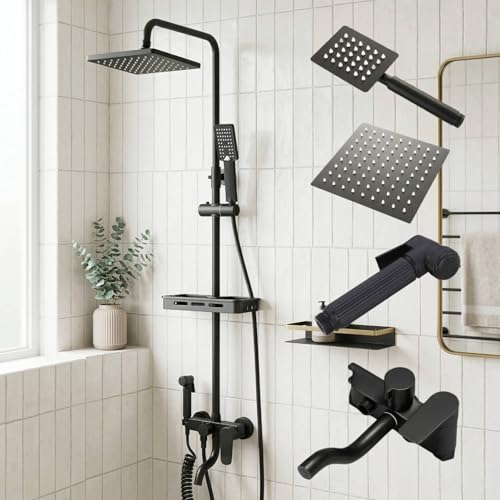 CALISTOUK Columna de Ducha con Grifo, Sistema Ducha Lluvia Cuadrada Ducha Altura 70 110cm, 4 Modos Acero inoxidable Rociador superior/Ducha de mano para Baño
