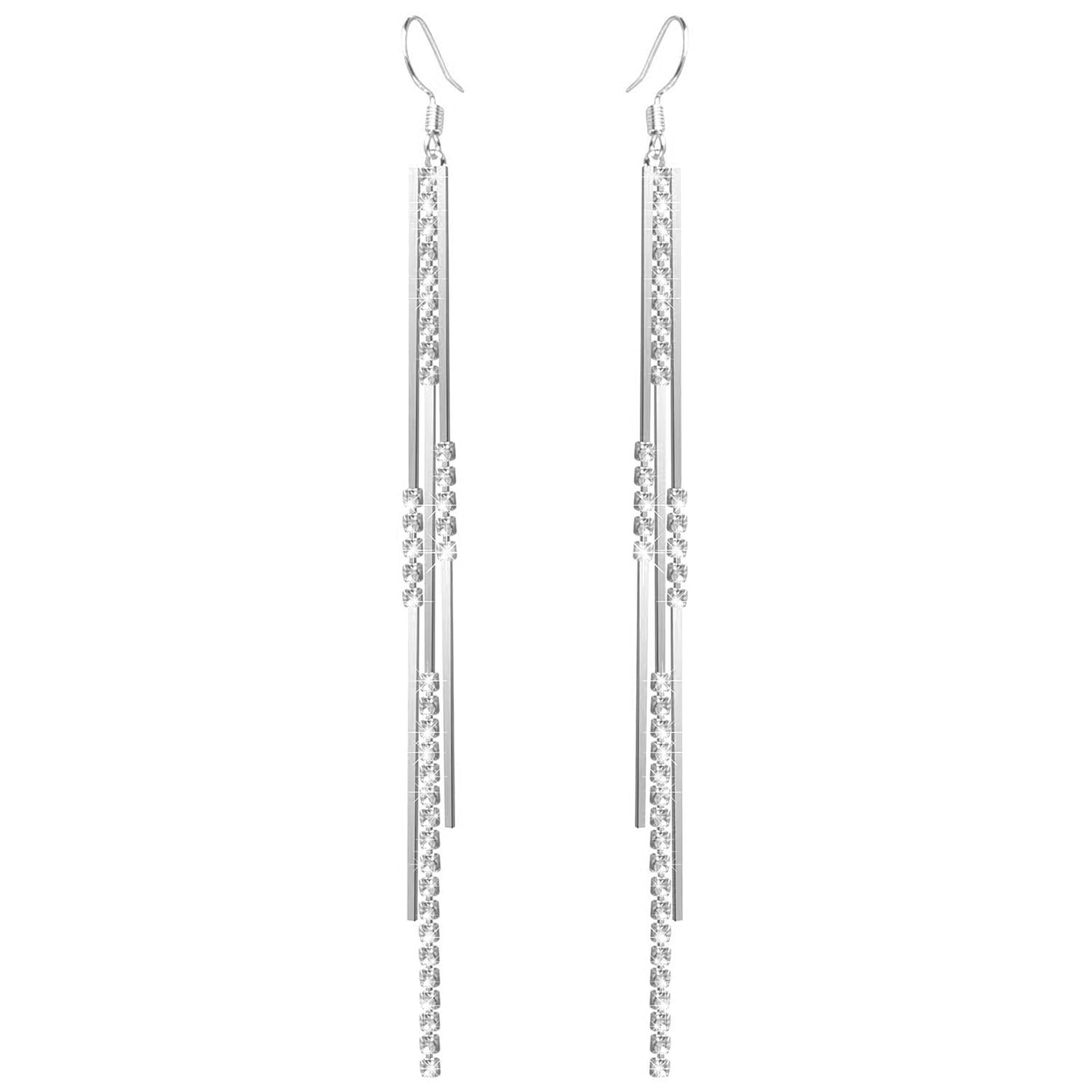 Christmas Birthday Gifts Sterling Silver Fish Hook Long Tassel Chain Bling Crystal Cubic Zirconia Hypoallergeni & Nickel Free Dangle Drop Earrings for