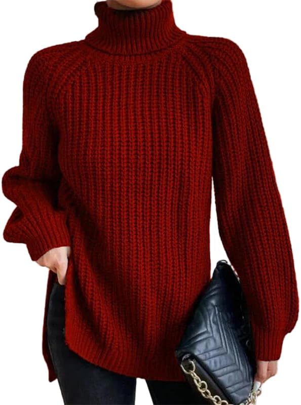 Women's Turtleneck Sweater Ribbed Long Sleeve Slit Hem Pullover Knit Tops Fall Winter Outfit 2025