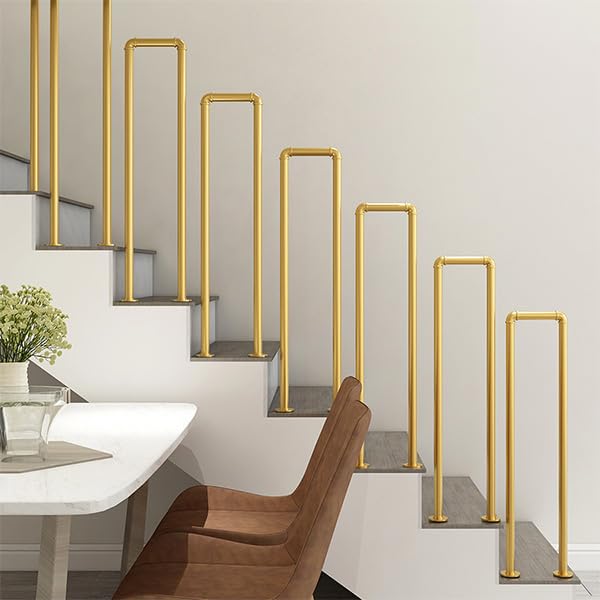 Hggdsac Handrails for Stairs, Stair Railing Transitional Handrail, Elderly Children's Support Poles, Metal Matte Gold Wrought Iron, Handrails for Outdoor Steps, Vertical Installation, 110CM