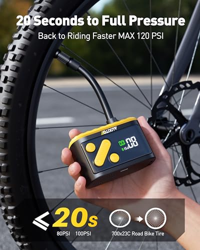 Image of AUXITO Electric Bike Pump 20s Fast Inflate 120 PSI, Mini Air Pump with Gauge, Auto Stop, Presta and Schrader Valve, Portable Bike Pump for Motorcycle, Mountain Bike, Road Bike, E-Bike, Sports Ball