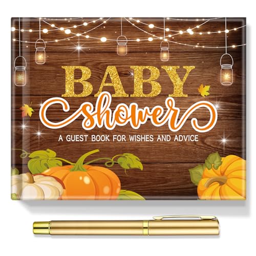 Image of Fuyoooo 27 Pcs Rustic Little Pumpkin Baby Shower Guest Book Baby Shower Sign in Guest Book Reception with Sonogram Page Keepsake Includes Gold Pen Table Card and Adhesive Photo Corner for Birthday