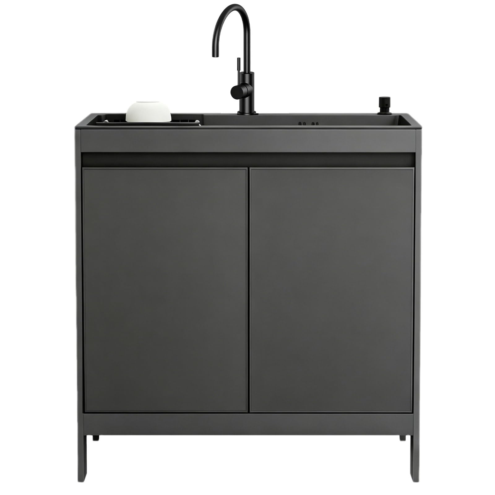 Waschbecken mit Unterschrank, Wabenaluminium-Waschtisch mit Multifunktionsspüle aus schwarzem Edelstahl, Freistehendes Ausgussbecken mit Armatur & Ablauf für Waschküche, Garage