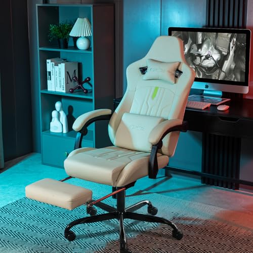 Image of Gaming Chair with Footrest Ergonomic Computer Chair Massage Lumbar Cushion, Racing Video Game Chair Adjustable Rocker Recliner Executive Office Desk Chair Pu Leather for Adults, Beige