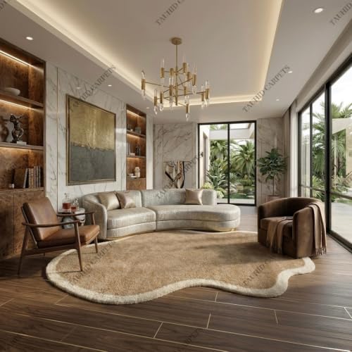Image of Tauhid Carpet Modern Irregular Shape Shaggy Rug | Super Soft Microfiber Area Carpet for Living Room, Bedroom Designer Cloud Shape MBeige with Ivory Border 6x9 Feet.