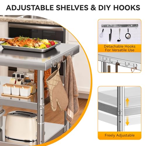 Image of DWVO 30x24in Stainless Steel Table with Wheels & 2 Adjustable Shelves | NSF Metal Prep Worktable for Kitchen Restaurant Hotel Garage Warehouse Home Commercial