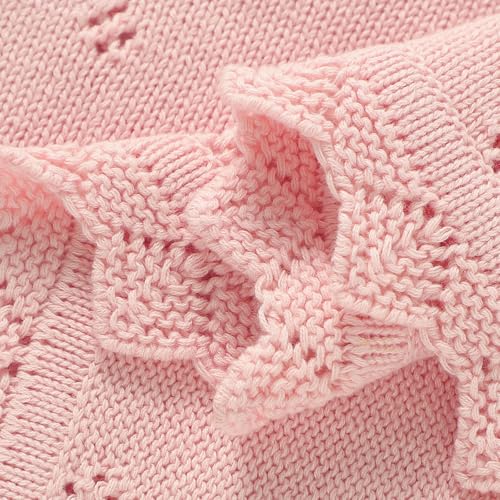 Image of mimixiong Cotton Baby Blanket Knitted Crochet Receiving Crib | Nursery Swaddling Blankets for Newborn Baby Boy Girl Pastel Pink 30x40 Inch