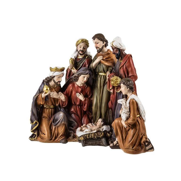 Misterio de 1 Pieza Nacimiento Clasico con Reyes y Pastor con Oveja de Resina Pintado a Mano 23x10x19 cm