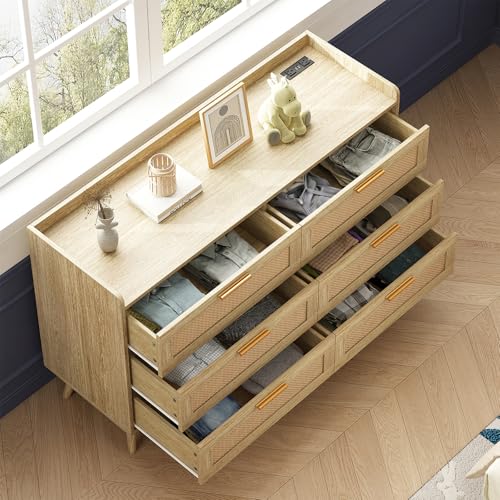 FUSOU 6 Drawers Dresser for Bedroom, Rattan Storage Dresser with Power Outlet, 47'' W TV Stand Chests of Drawers for Kids Room, TV, Living Room, Entryway - Image 5