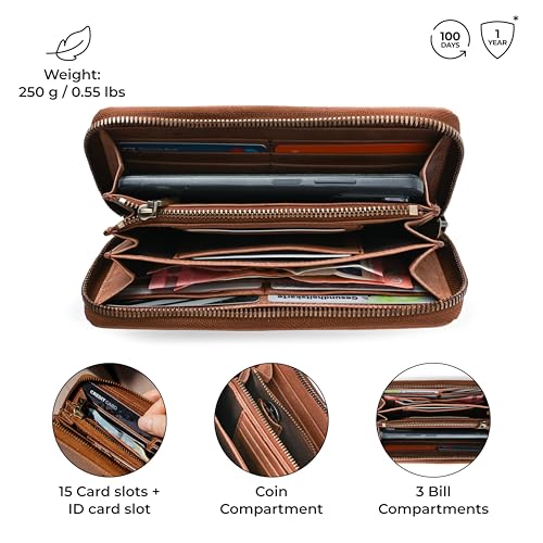 Image of BERLINER BAGS Genuine Leather Zip Wallet Women Lyon, Gift Box - Brown | Soft Leather Zip Around Wallet, Fits up to Phone 6.9 inch, 15 Card Slots, 1 ID Window, 3 Bill Slots, 1 Coin Pocket, RFID Blocking