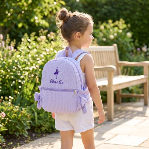 Image of 15inch Daycare Backpack Personalized Large Backpack with Name | Cute Purple Backpack for Age 4-6,Lightweight Quilted Fabric,Water Bottle Pockets with Bow,Custom Baby Gift,Embroidered Name