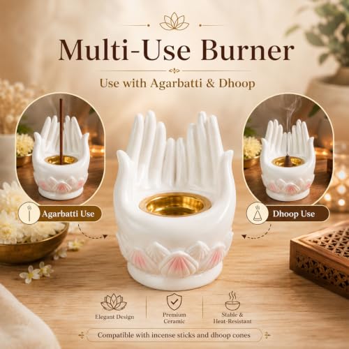 Image of Ekhasa White Lotus Buddha Hand Incense Stick Holder with Ash Catcher