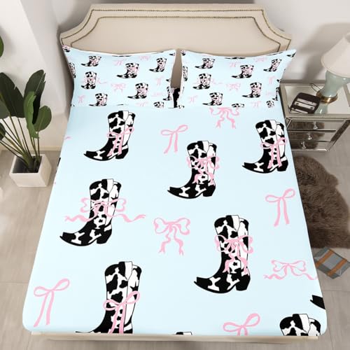 Juego de sábanas bajeras de Cowgirls tamaño individual, diseño de botas con estampado de vaca y lazos rosados, 2 piezas, funda de cama azul de dibujos animados de vaquero occidental con 1 funda de