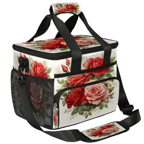 Flowers Insulated Picnic Backpack Lunch Box for Women Men Picnic Basket Tote Lunch Bag Picnic Bag Portable Lunch Bags for Picnic, Beach, Work, Trip,Office, Camp Blooming Red Roses