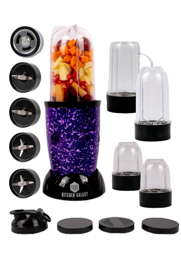 Kitchen Galaxy Bullet Mixer Grinder 400W (5 Jars, 5 Blades)- 2 Big Jars, 2 Small Jars, 1 Handle Jar With 5 Blades- 2 Grinding, 2 Blending and 1 Whisking- SS blades, 2.5 Years warranty- Ultra Violet