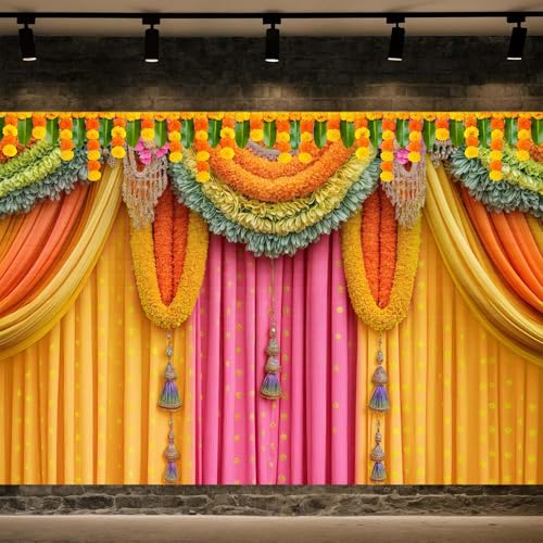 Image of 12x10FT Indian Pooja Backdrop, India Religious Festival Diwali Puja Ganpati Photography Background Marigold Pink Yellow Curtain Banner for Wedding Party Decor Photo Prop