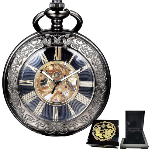 Montre de poche mécanique au quotidien, style rétro chic demi-chasseur noir gravé