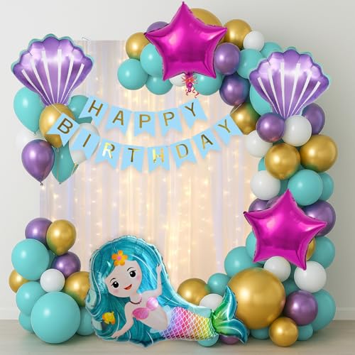 Image of Rozi Decoration Mermaid Theme Birthday Decoration with Backdrop Set of 60 Pcs | Mermaid Balloons for Girls Birthday Parties Decorations Items Combo Kit