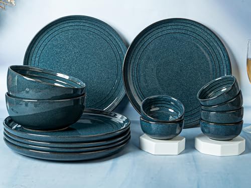 Image of Bodhi House Handcrafted Chip Resistance Porcelain Dinner Set, 14 Pieces Dish Set Serving for 6, Microwave and Dishwasher Safe, Bone-ash Free, Crockery Set for Dining and Gifting, Sapphire Blue