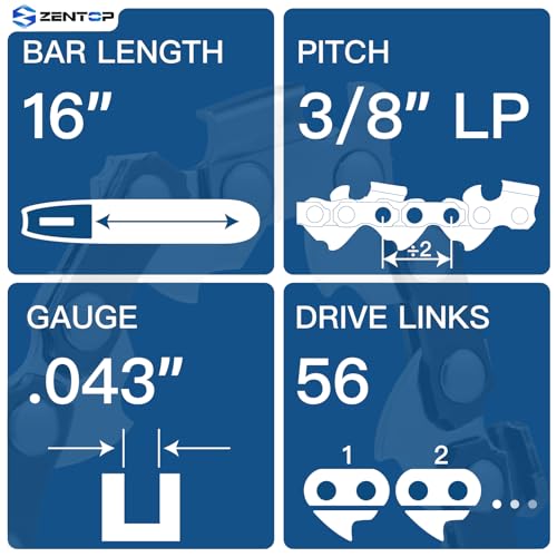 Image of 16 Inch Chainsaw Chain, 3 /8 inch LP Pitch .043 inch Gauge 56 Drive Links, Germany Steel Anti-Kickback Replacement for Milwaukee M18 2727-20, EGO CS1600, Dewalt DCCS670, 3-Pack