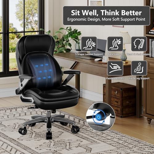 Image of Big and Tall Office Chair, Heavy Duty Desk Chair with 5D Arms, Adjustable Lumbar Support & Height, Tilt Function, PU Leather High Back Ergonomic Executive Computer Chair