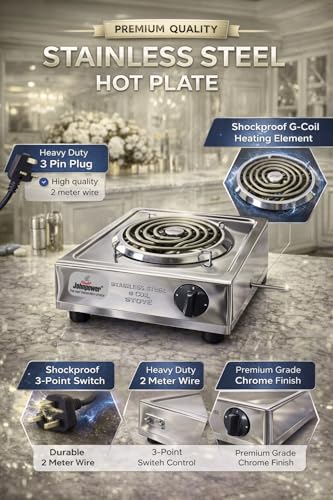 Image of Johnpower Electric Hot Plate 2000 Watt Stainless Steel | Single Burner Portable Stove | Heavy Duty Coil Hot Plate | Adjustable Temperature Control | Chrome Finish Table Top Electric Stove
