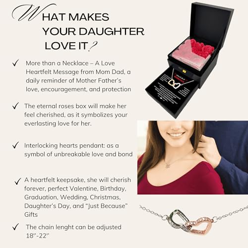 Daughter Necklace Gift from Mom Dad Interlock Heart Pendant with Message Card in Red Eternity Rose Flower Box Present on Birthday Mother's Day Christmas Graduation Mother Father4