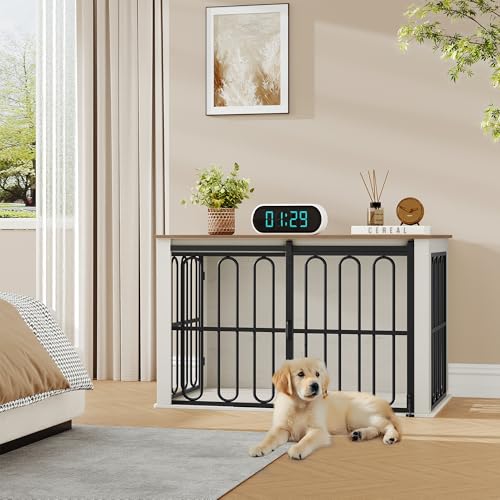 HEXCELEN Hundekäfig-Möbel aus Holz, 100 cm Hundebox für Zuhause, Hundekäfig mit 2 Türen, Schiebetüren, für Kleine, Mittlere Hunde, Robuster, Beistelltisch, 100 x 60 x 62,4 cm, Weiß Braun