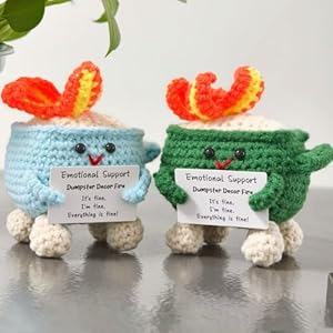 Emotional Support Dumpster Decor Fire, Funny Handmade Crochet Dumpster Knitting Doll, Cute Desk Accessories for Women Office (Green+Blue)