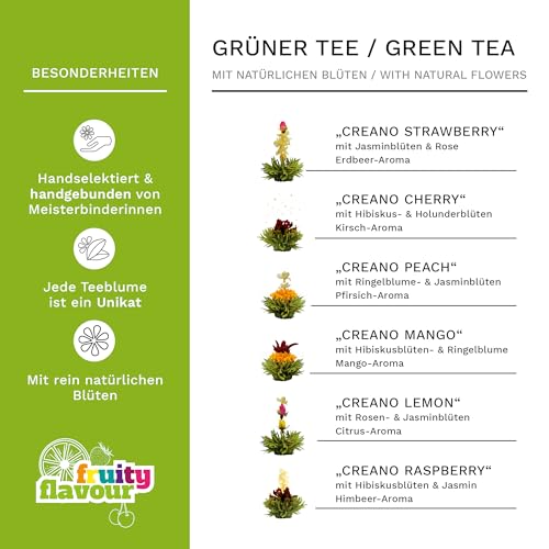 Foto von Creano Teeblumen Geschenkset in Teekiste aus Holz, 12 Erblühtee in 6 Sorten grüner Tee fruchtig aromatisiert, Fruity Flavor, Teerosen Tee Geschenk für Frauen